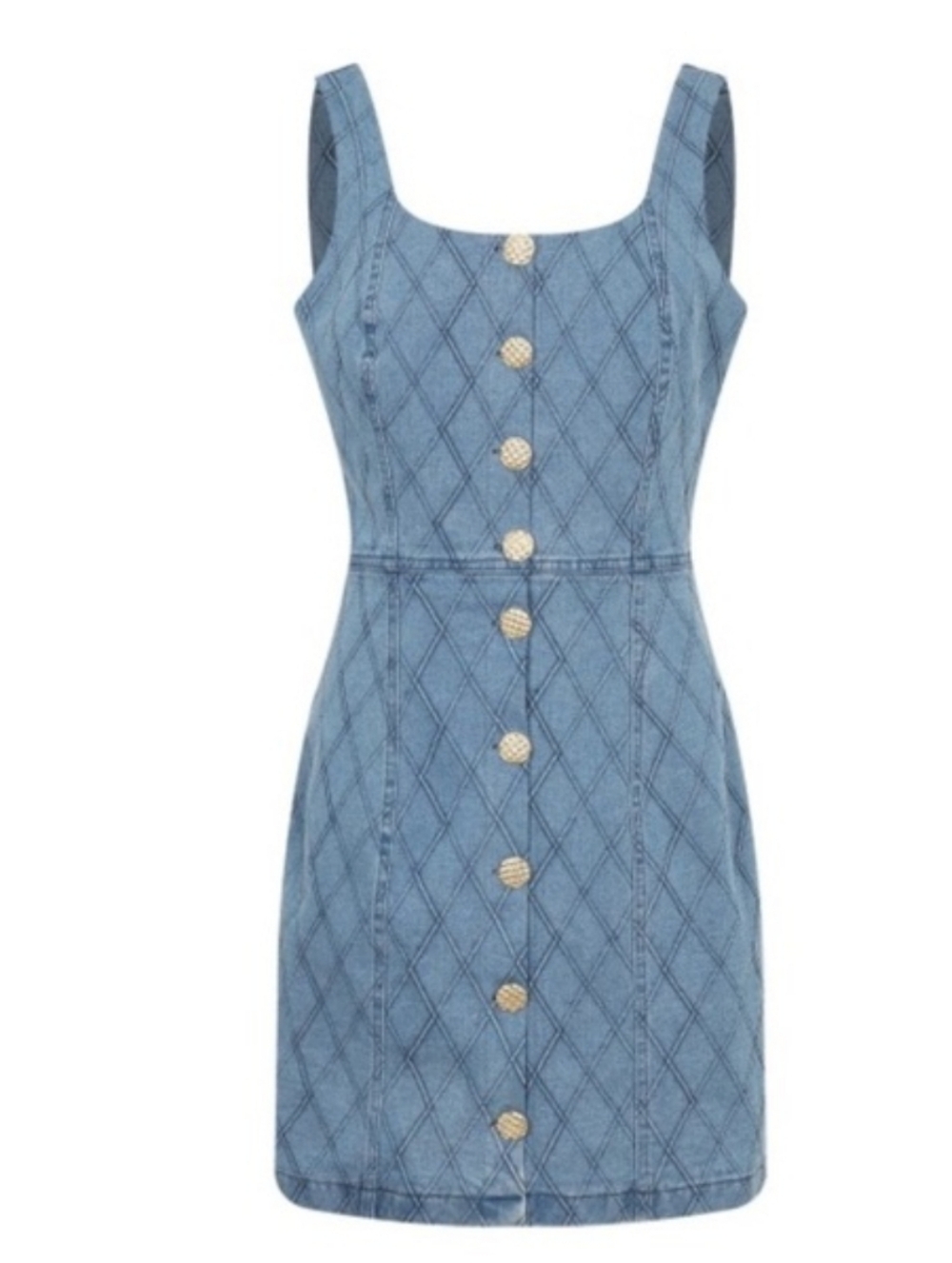 Rivir Quilted Denim Sleeveless Mini Dress Gold Button-Front Dress Size Medium